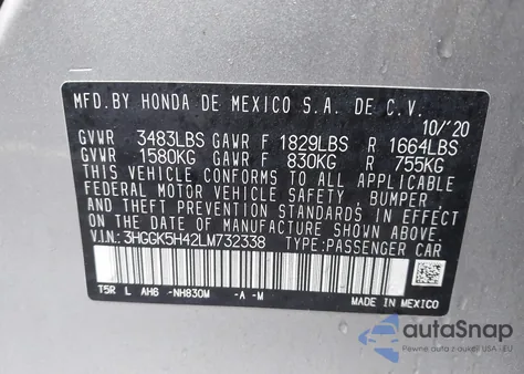 2020 Honda Fit Lx z USA, uszkodzony, nr VIN 3HGGK5H42LM732338